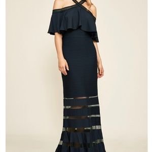 Crystal pin tuck jersey halter cold shoulder grown